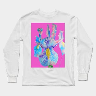 Iris Watercolor Painting - Blue with Raindrops - on Magenta Pink Long Sleeve T-Shirt